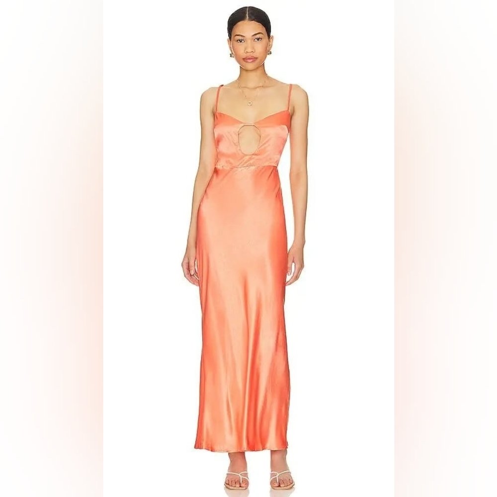 SNDYS X Revolve Matisse Satin Midi Slip Dress Bodycon Front Cutout Salmon Sz 2